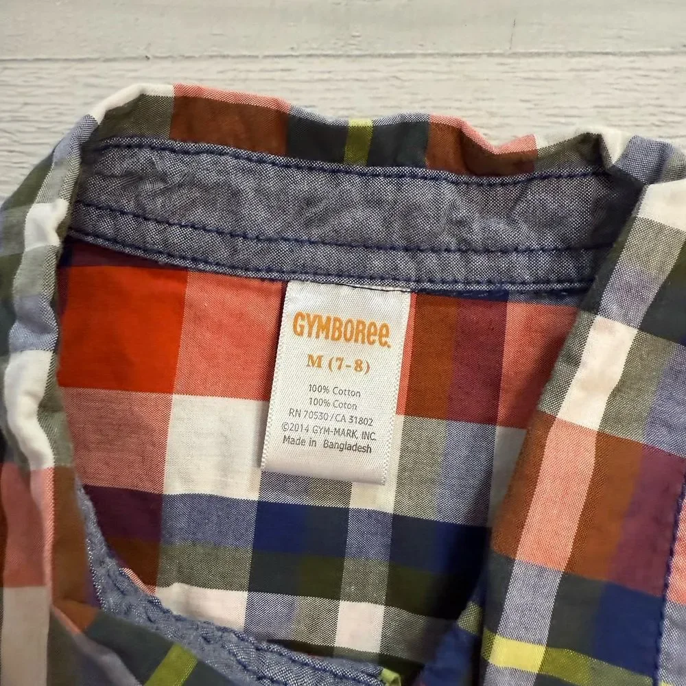 Gymboree boys plaid button down shirt orange navy medium 7/8‎